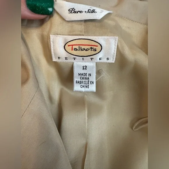 Talbots Pure Silk Embroidered Beads Beige Suit Sz 12 Petite Skirt Blazer Floral - Picture 14 of 14